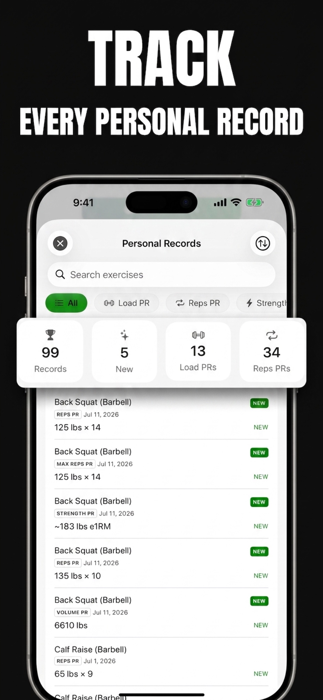 Bazu Personal Records screen showing record totals and recent load, rep, strength, and volume PRs