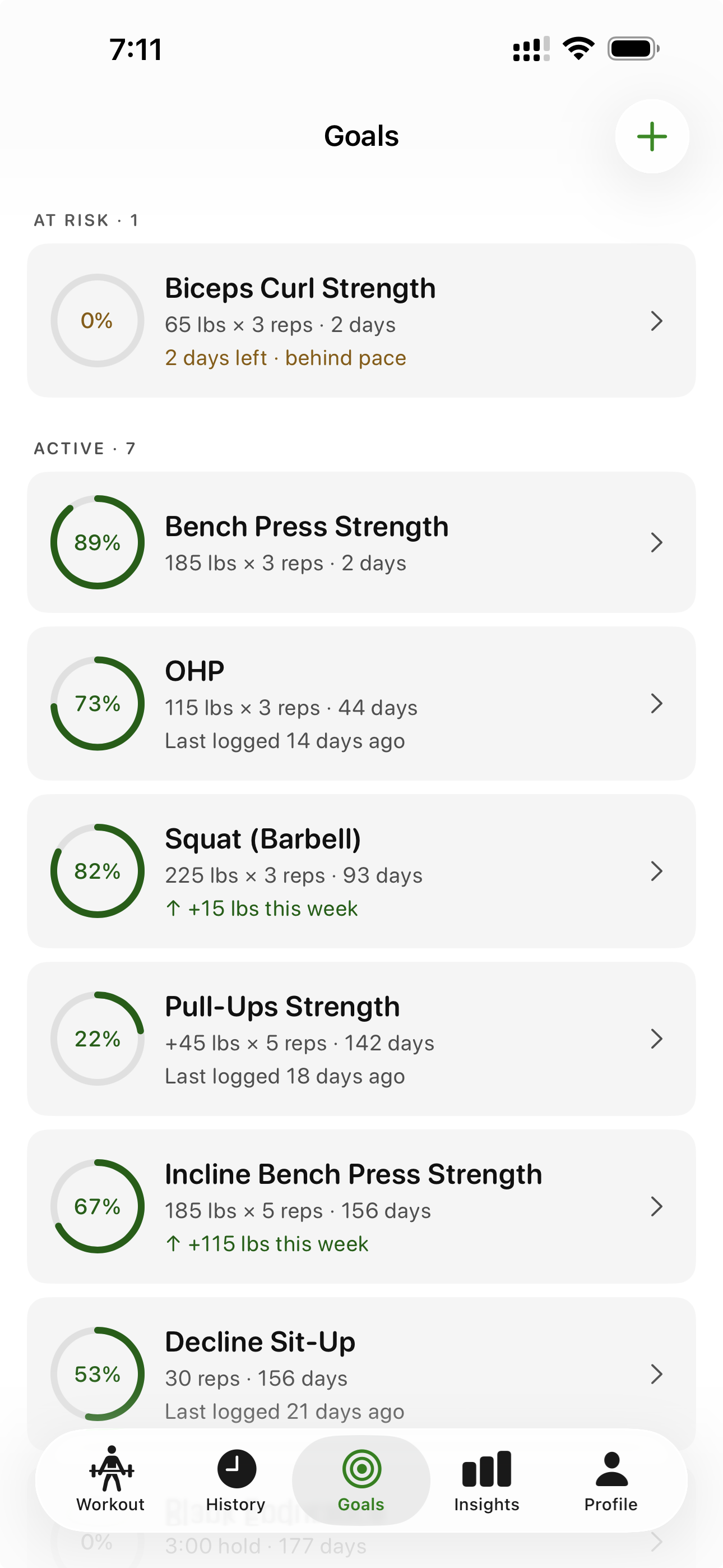 Bazu goals screen showing strength targets with progress toward deadline and risk indicator