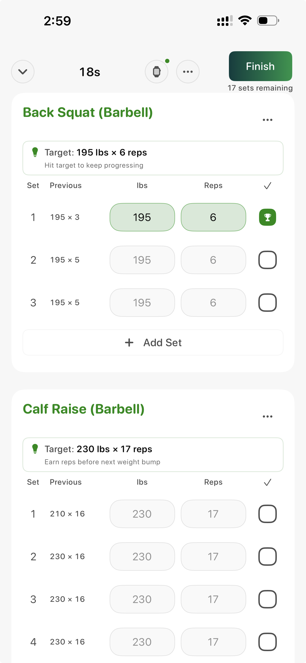 Bazu workout tracker — active workout screen showing back squat sets, recommended weight, and rest timer