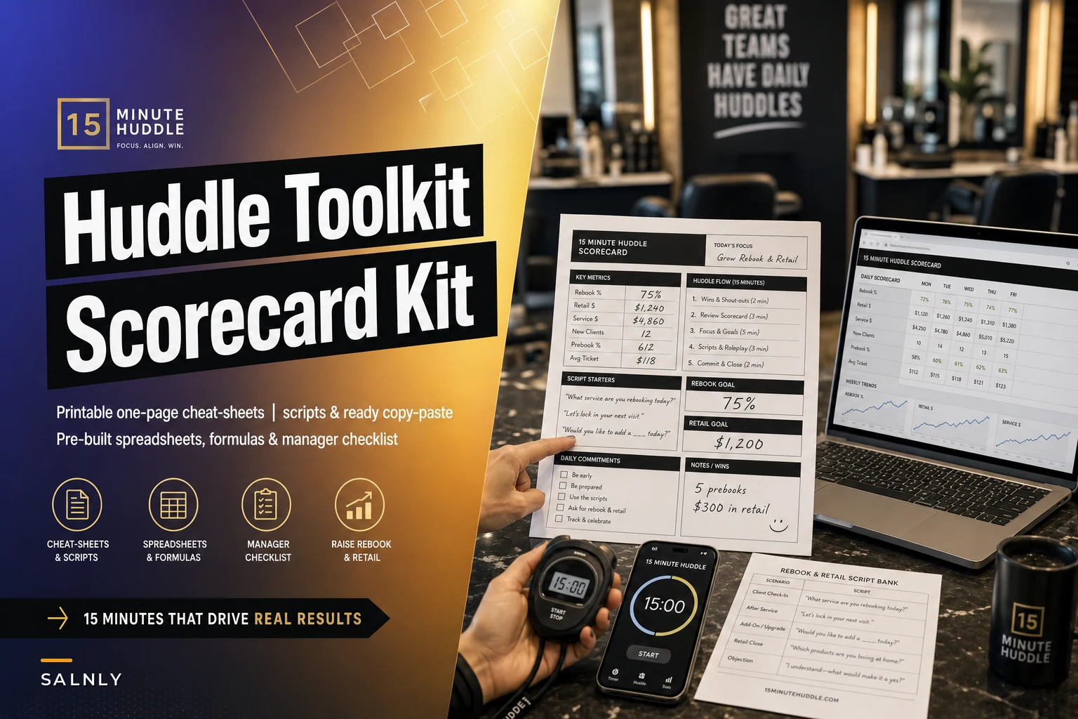 15‑Minute Huddle & Scorecard Toolkit: Printable Cheat‑Sheets, Formulas, Scripts and Templates to Raise Rebook & Retail