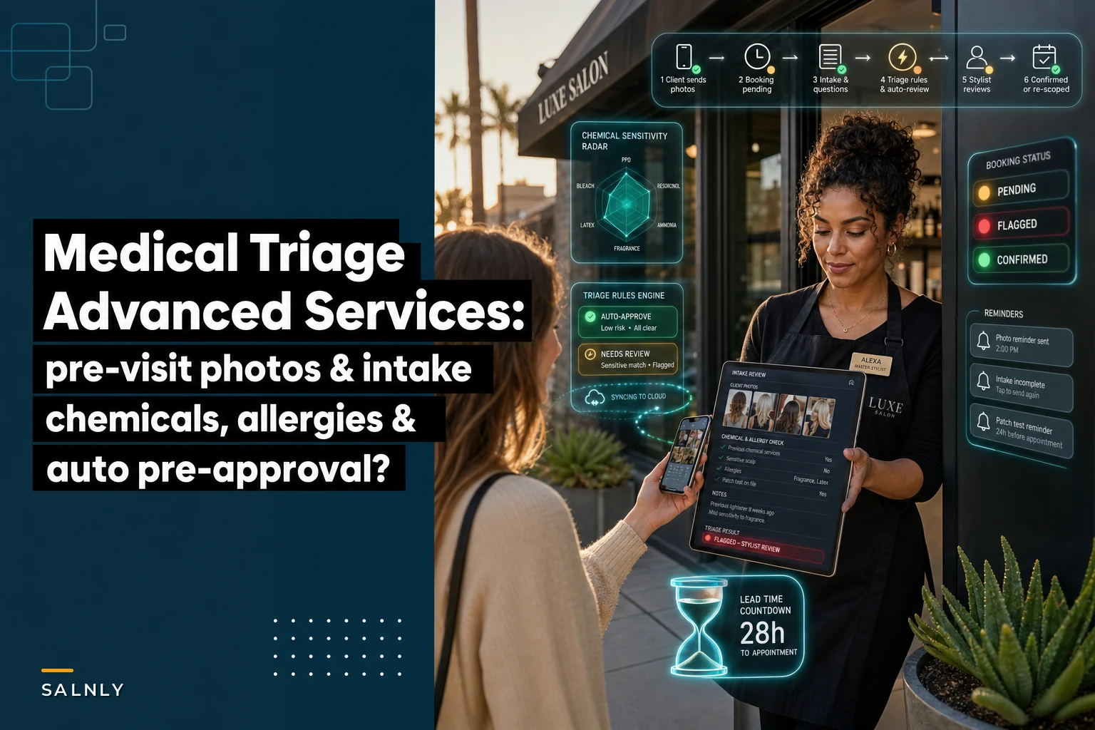 Appointment medical-triage for advanced services: pre-visit photos, chemical/allergy questions and automated pre-approvals