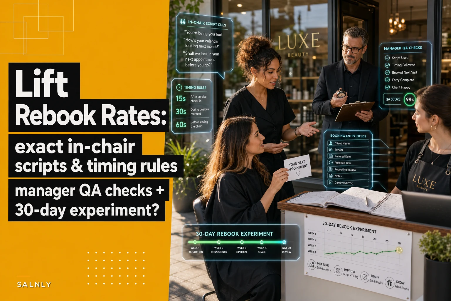 In-chair rebooking micro-process: exact scripts, timing rules and manager QA to lift rebook rates