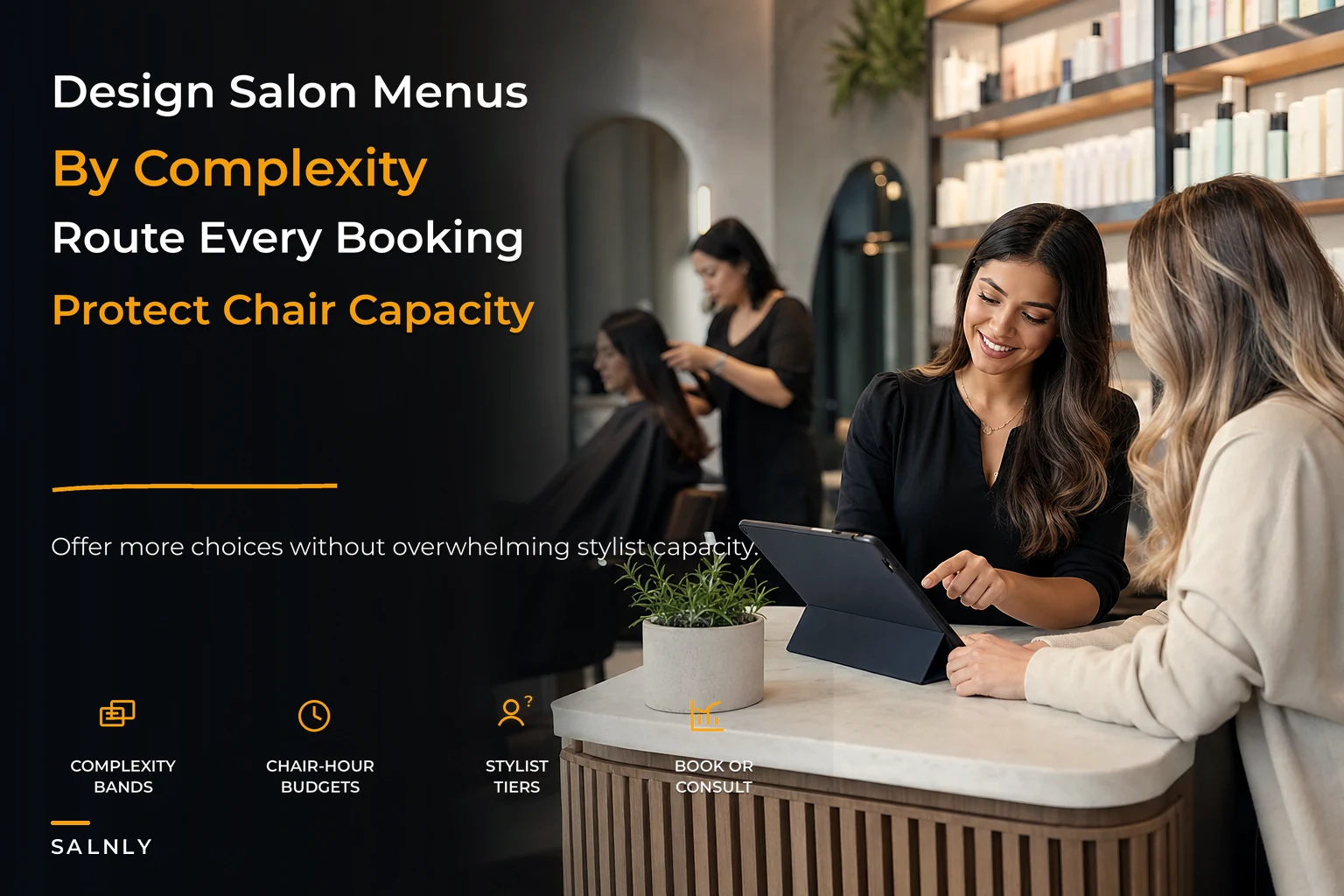 Menu architecture for salons with complexity budgets and stylist tiers