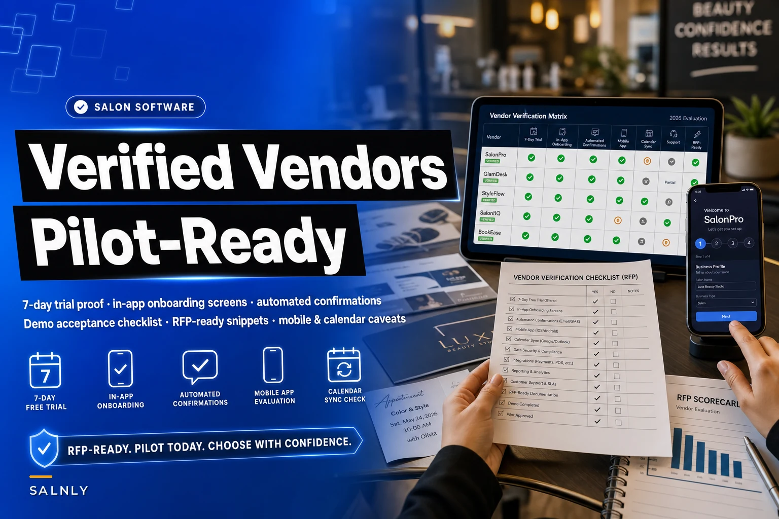 Vendor checklist & verified matrix: Salon software that actually offers a 7‑day free trial, in‑app onboarding screens, and built‑in automated confirmation flows (plus mobile app & calendar‑sync evaluation)