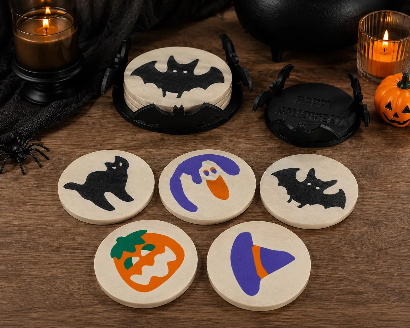 Spooky Sugar Cookie Coasters | Scary Home Decor | Halloween Coasters | Sugar Cookie Pumpkin Ghost Bat Cat Witch Hat | Gothic Fall Decor image 2