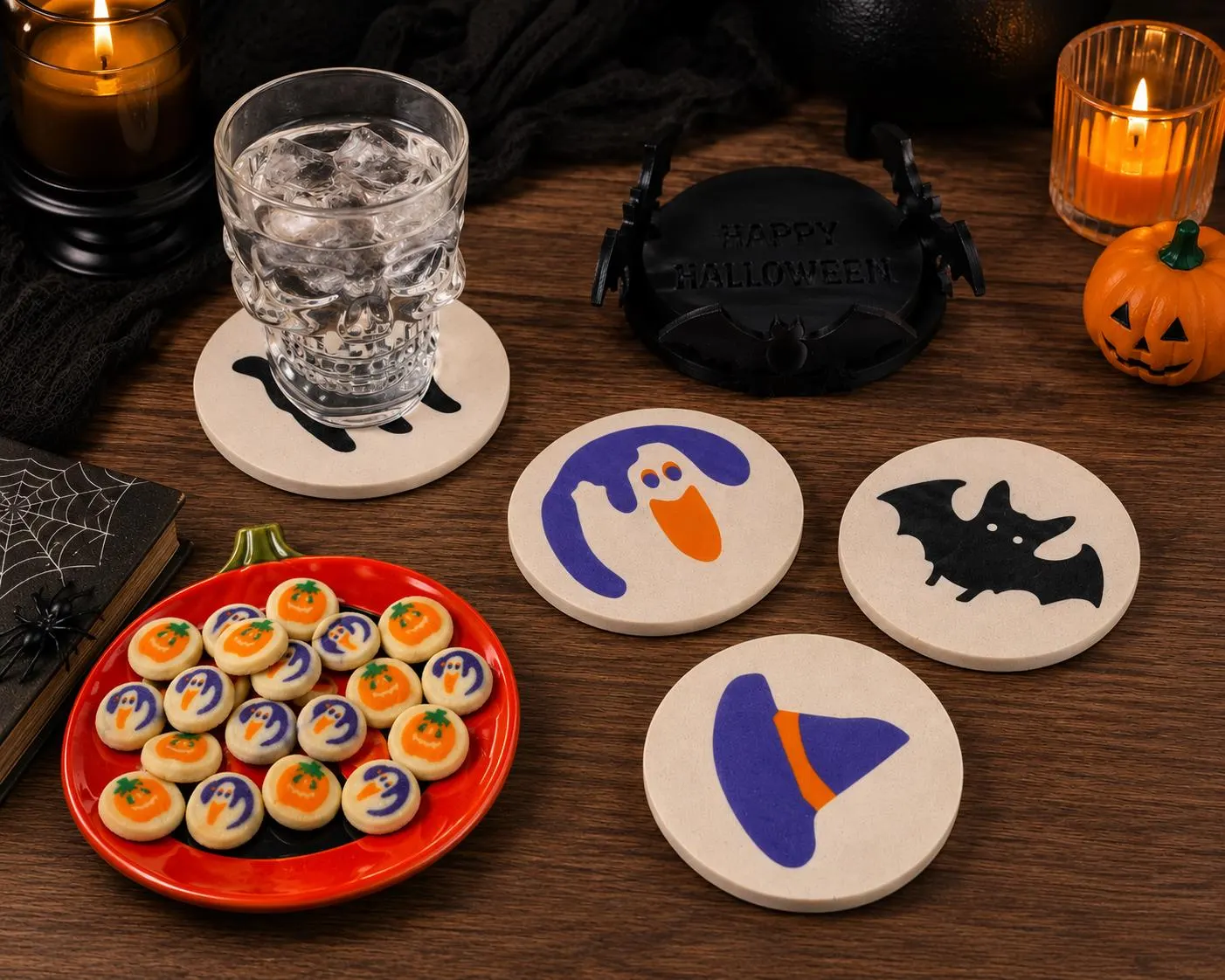 Spooky Sugar Cookie Coasters | Scary Home Decor | Halloween Coasters | Sugar Cookie Pumpkin Ghost Bat Cat Witch Hat | Gothic Fall Decor image 3