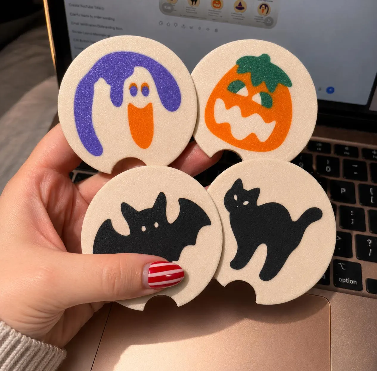 Halloween Sugar Cookie Car Coasters | Pumpkin, Ghost, Bat, Cat, Witch, & Hat | Nostalgic Car Cup Holder Coasters | Spooky Car Fall Decor image 2