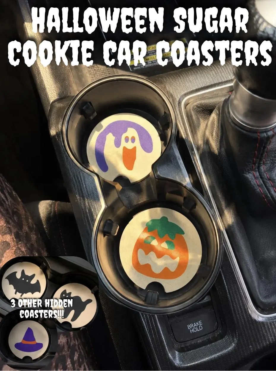 Halloween Sugar Cookie Car Coasters | Pumpkin, Ghost, Bat, Cat, Witch, & Hat | Nostalgic Car Cup Holder Coasters | Spooky Car Fall Decor image 3