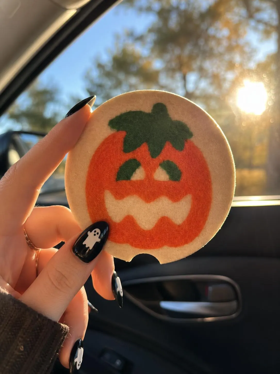 Halloween Sugar Cookie Car Coasters | Pumpkin, Ghost, Bat, Cat, Witch, & Hat | Nostalgic Car Cup Holder Coasters | Spooky Car Fall Decor image 5