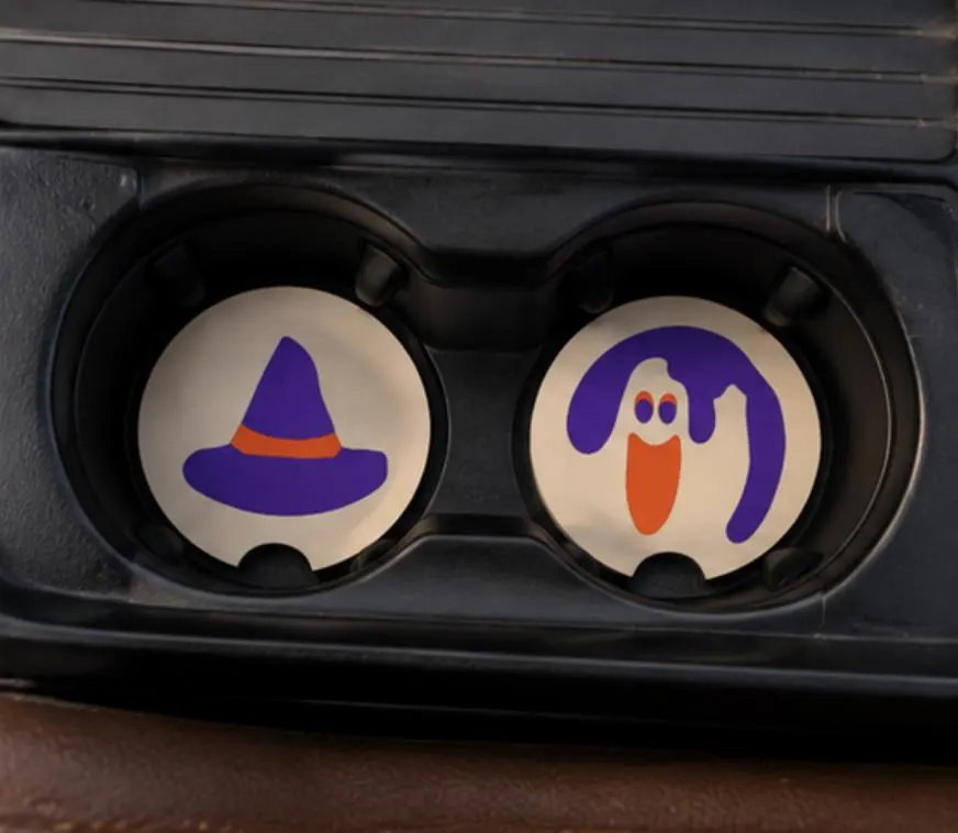 Halloween Sugar Cookie Car Coasters | Pumpkin, Ghost, Bat, Cat, Witch, & Hat | Nostalgic Car Cup Holder Coasters | Spooky Car Fall Decor image 14