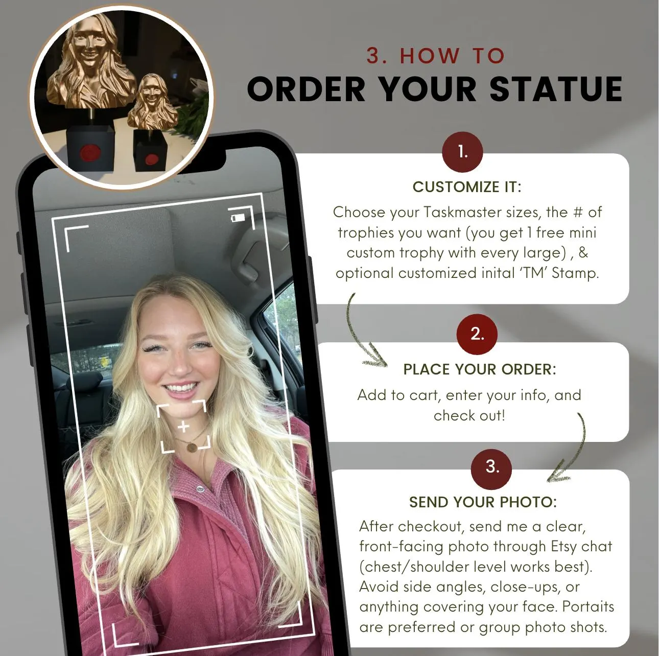Taskmaster Trophy Customized Gold Bust 16 inch Statue - Personalized 3D Printed Sculpture image 11