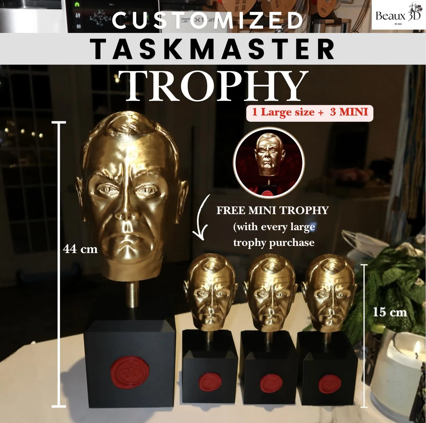 Customized Taskmaster Trophy Set – Personalized Trophy with Your Face | Large & Mini Trophy Options, Personalized Stamp, TM Bust Statue Gift