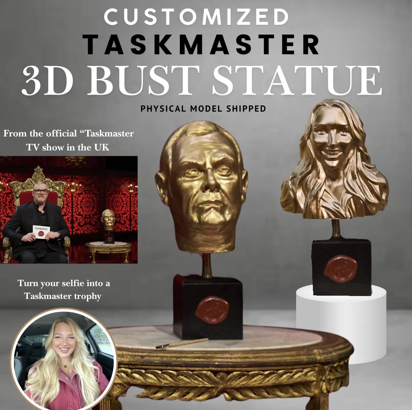 Custom Taskmaster Trophy: Personalized 12 inch 3D Printed Gold Bust cover image