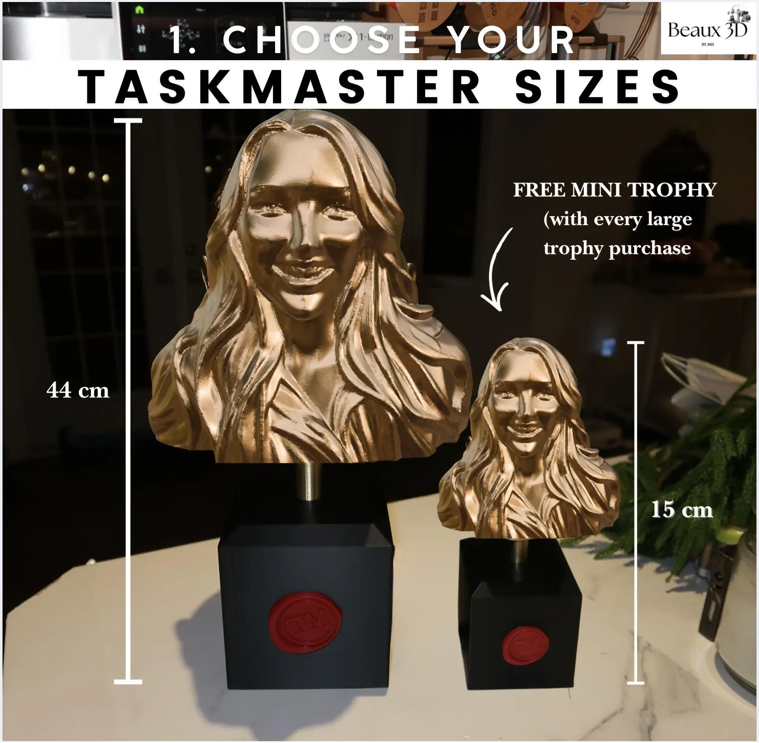 Custom Taskmaster Trophy: Personalized 12 inch 3D Printed Gold Bust image 9