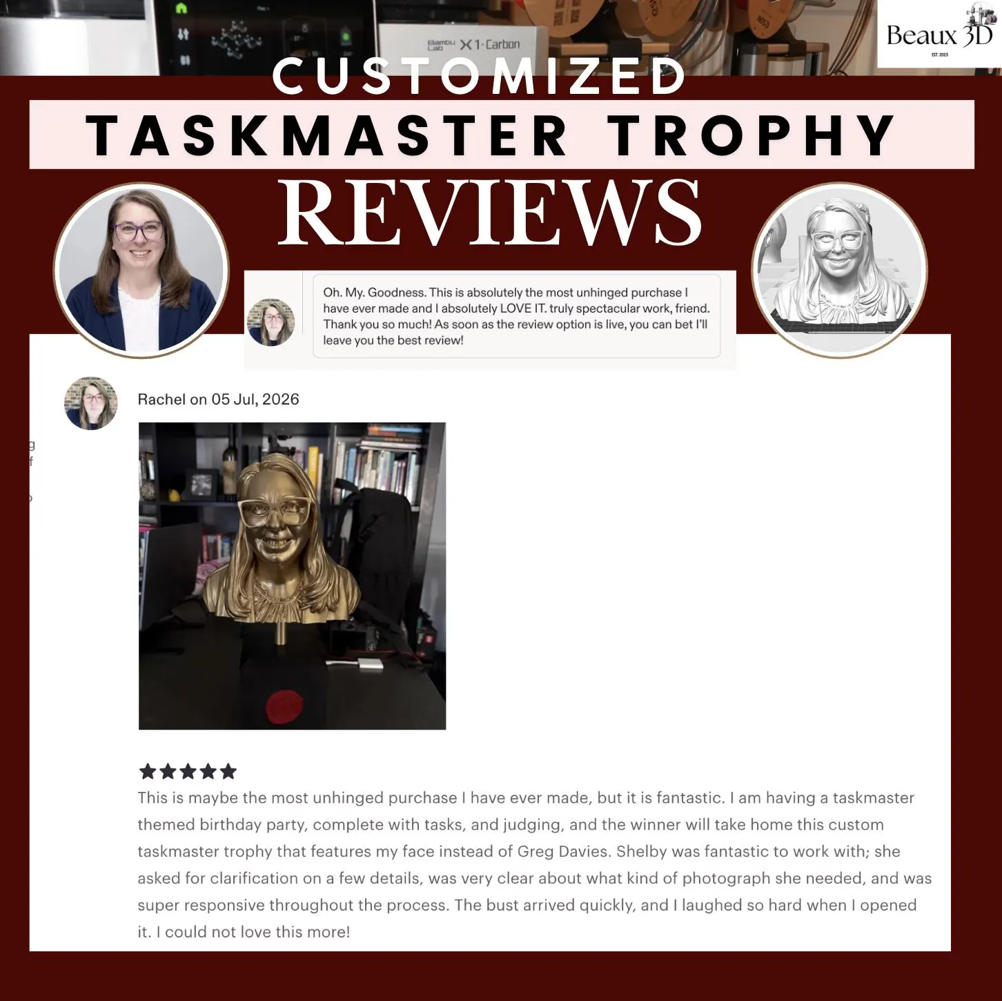 Custom Taskmaster Trophy: Personalized 12 inch 3D Printed Gold Bust image 14