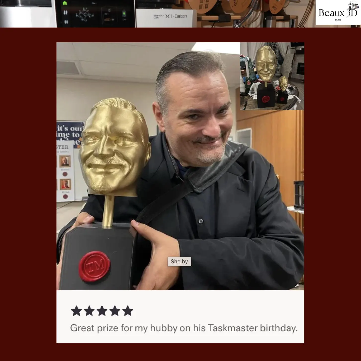 Custom Taskmaster Trophy: Personalized 12 inch 3D Printed Gold Bust image 15