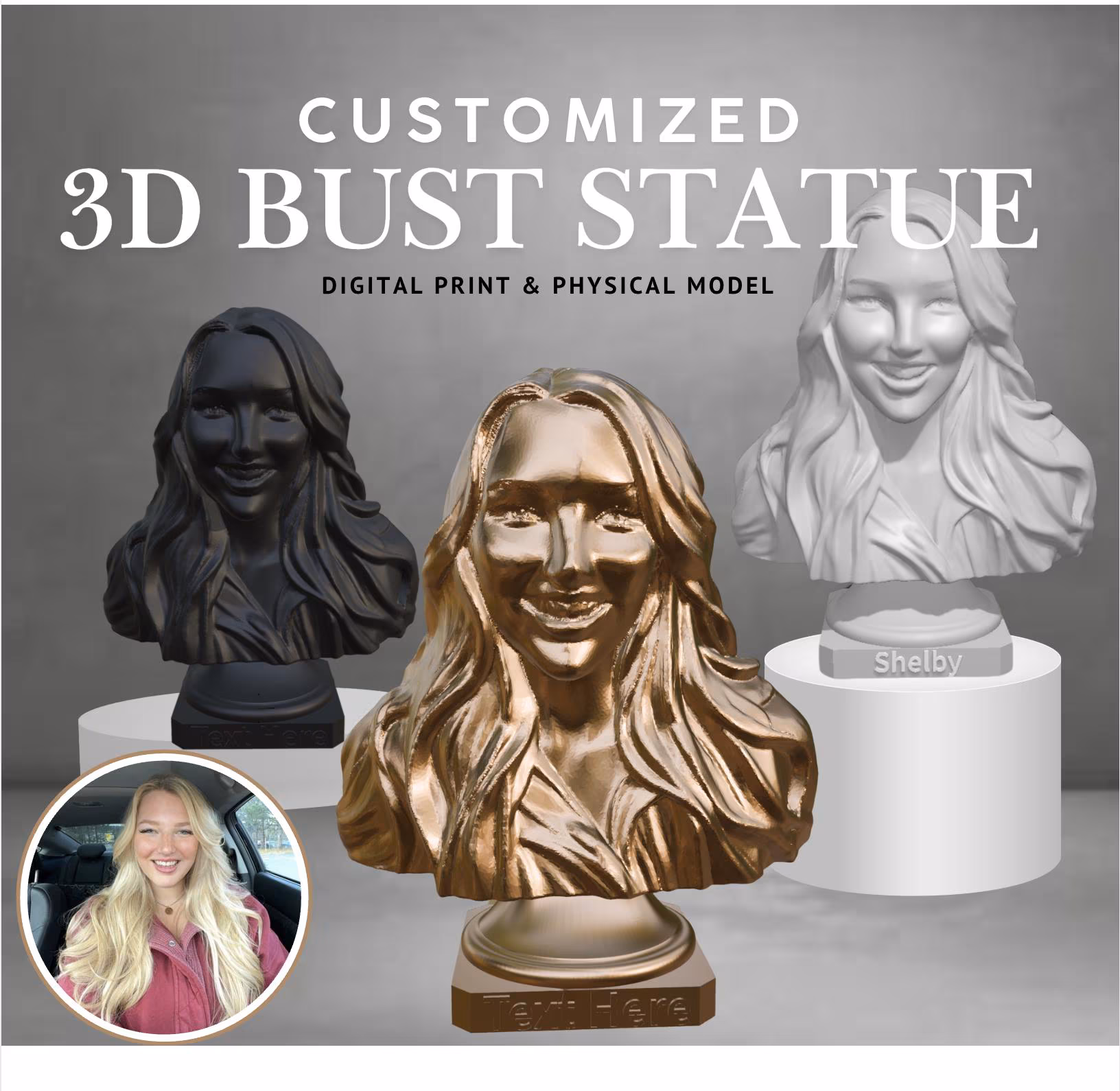 Customized 3D Printed Bust Statue 4 in Customizable 3D Sculpture Custom 3D Portrait Personalized Gift Family Friend Boss Memorial Keepsake - Copy