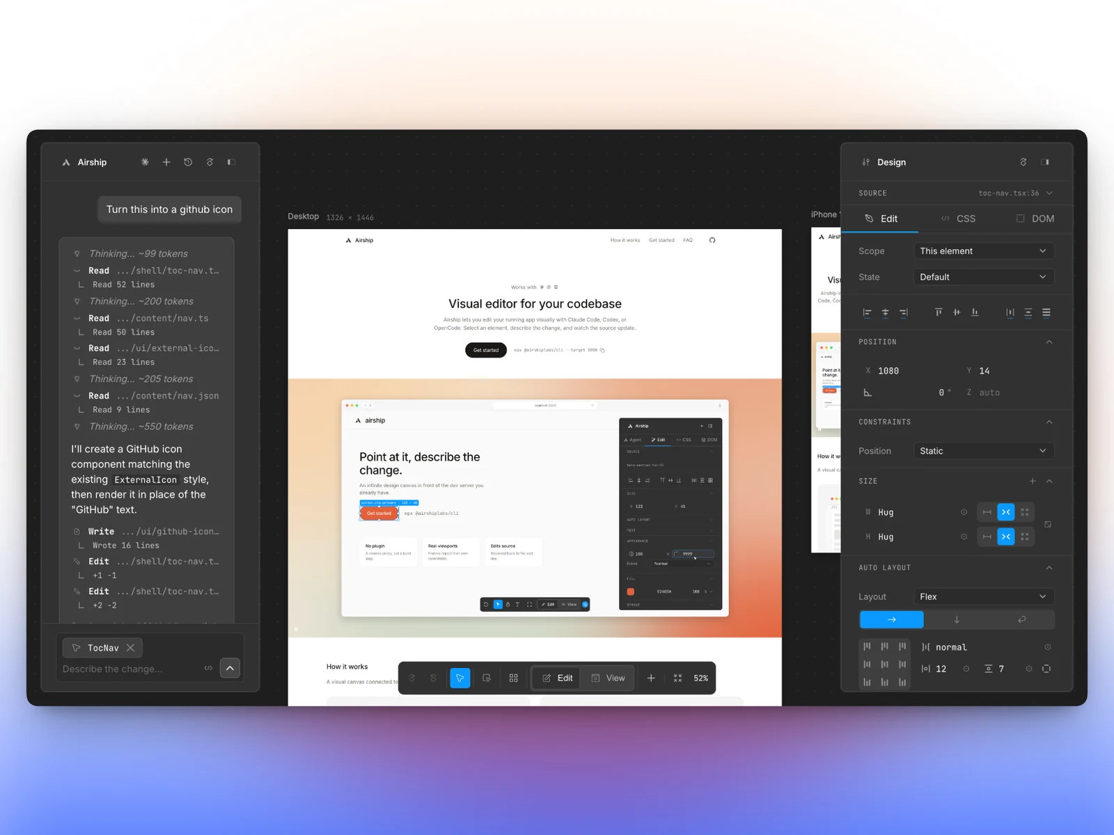 Mid-edit dans Airship : prompt 'Turn this into a github icon' streaming ses reads, writes et edits, desktop + iPhone cote a cote, inspector Edit ouvert.