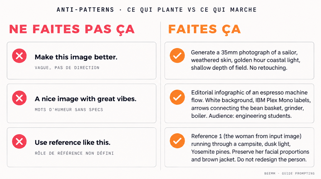 Trois anti-patterns à gauche (rouge) : prompt vague sans direction, mots d'humeur sans specs, rôle de référence non défini. Trois versions qui marchent à droite (orange) : prompt 35mm sailor avec specs photo, prompt infographic espresso avec audience et labels, prompt Yosemite avec référence numérotée et préservation.