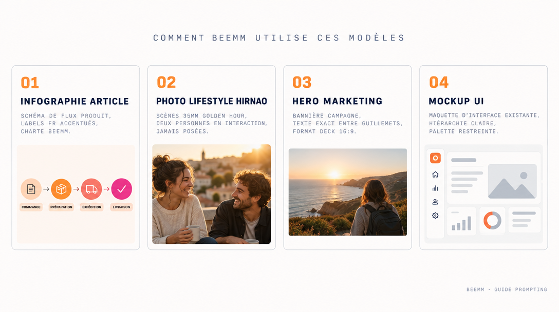 Quatre cas d'usage Beemm de GPT Image 2.5 : infographie article, photo lifestyle Hirnao, hero marketing, mockup UI.