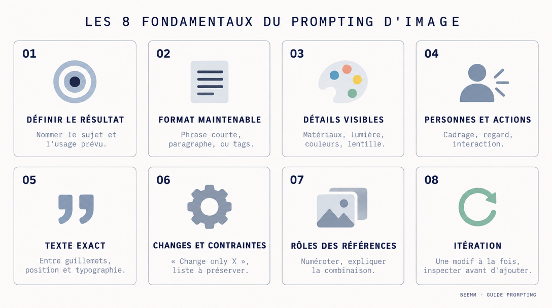 Les 8 fondamentaux du prompting d'image selon OpenAI : définir le résultat, format maintenable, détails visibles, personnes et actions, texte exact, changes et contraintes, rôles des références, itération.