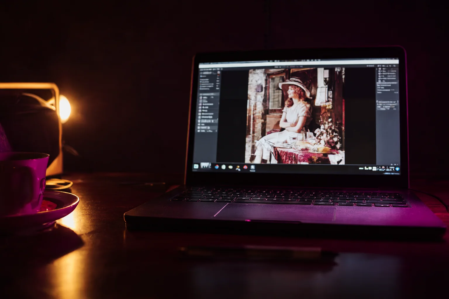 Un poste de travail éclairé la nuit, écran ouvert sur un logiciel de retouche : illustration générée par Qwen-Image-2.1 pour montrer le cas d'usage d'une production locale, sans envoi des fichiers à un service tiers.