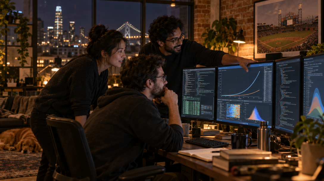 Trois ingénieurs dans un loft de San Francisco late evening autour d'écrans montrant des dashboards de modèles et des distributions de probabilités, avec le Bay Bridge illuminé en arrière-plan.