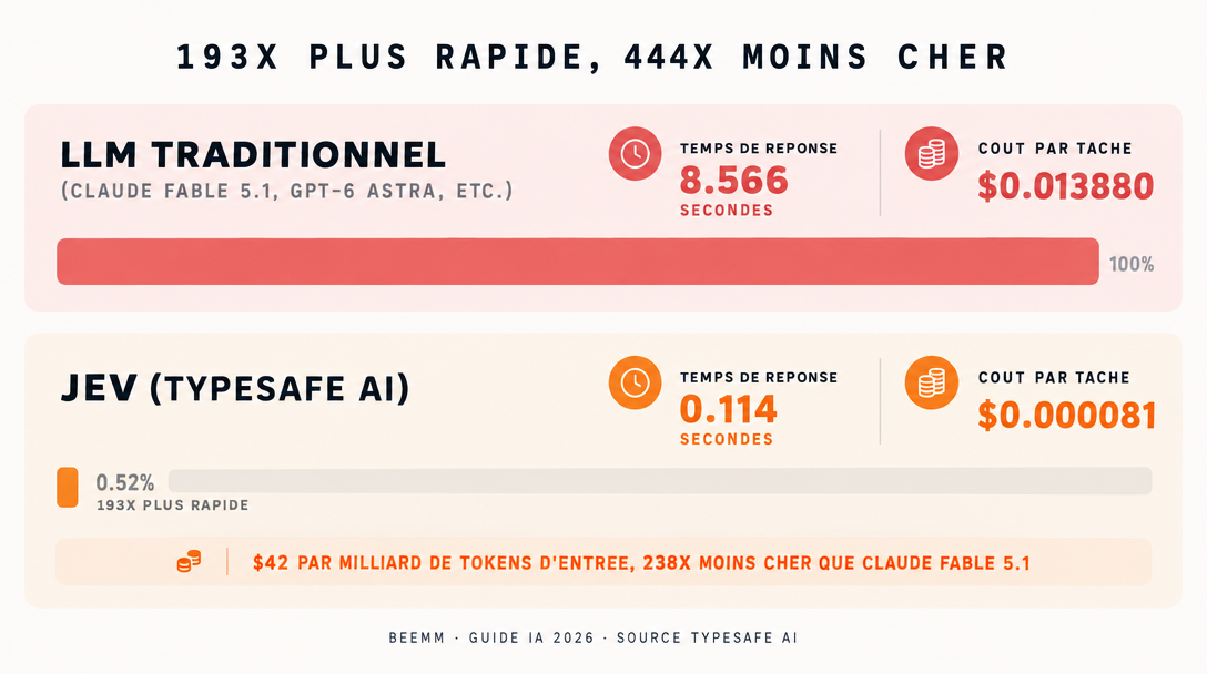 Comparaison visuelle : barre rouge pleine 100% pour LLM traditionnel (8.566s, $0.013880) vs barre orange minuscule 0.52% pour Jev (0.114s, $0.000081). Footer : $42 par milliard de tokens d'entree, 238x moins cher que Claude Fable 5.1.