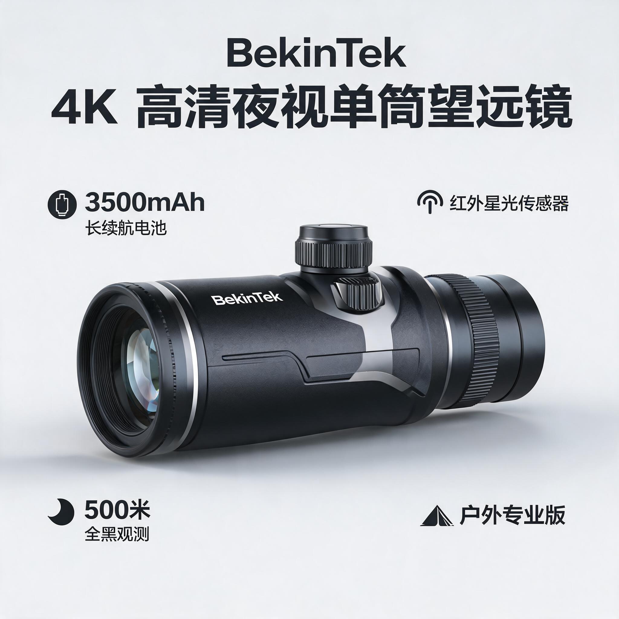 BekinTek 4K 高清夜视单筒望远镜 3500mAh 红外星光传感器 500米全黑观测 户外专业版 1