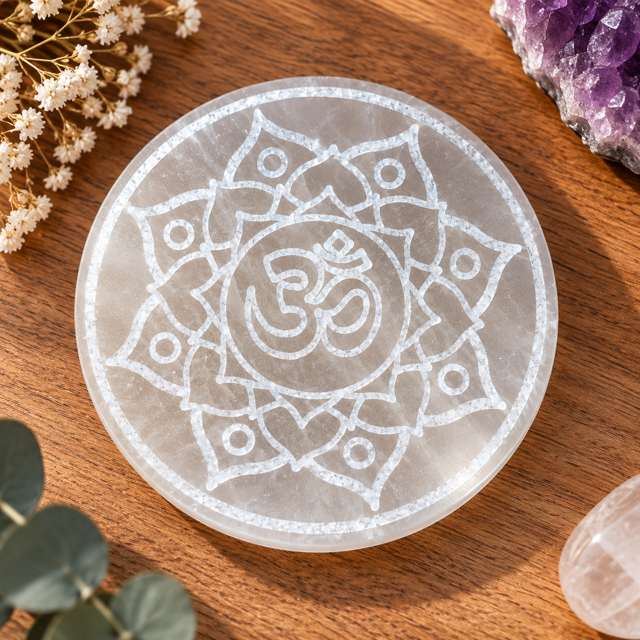 Producto Bella Bruja: PLACA DE SELENITA OM (ॐ o Aum)
