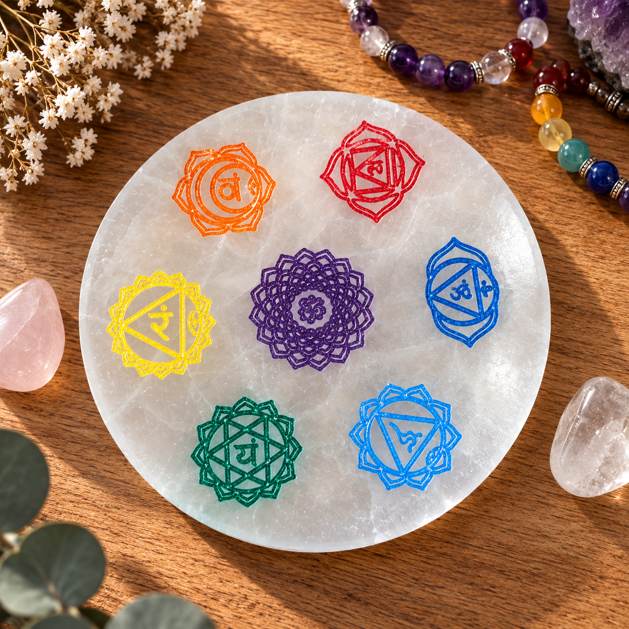 PLACA DE SELENITA 7 CHAKRAS 10cm