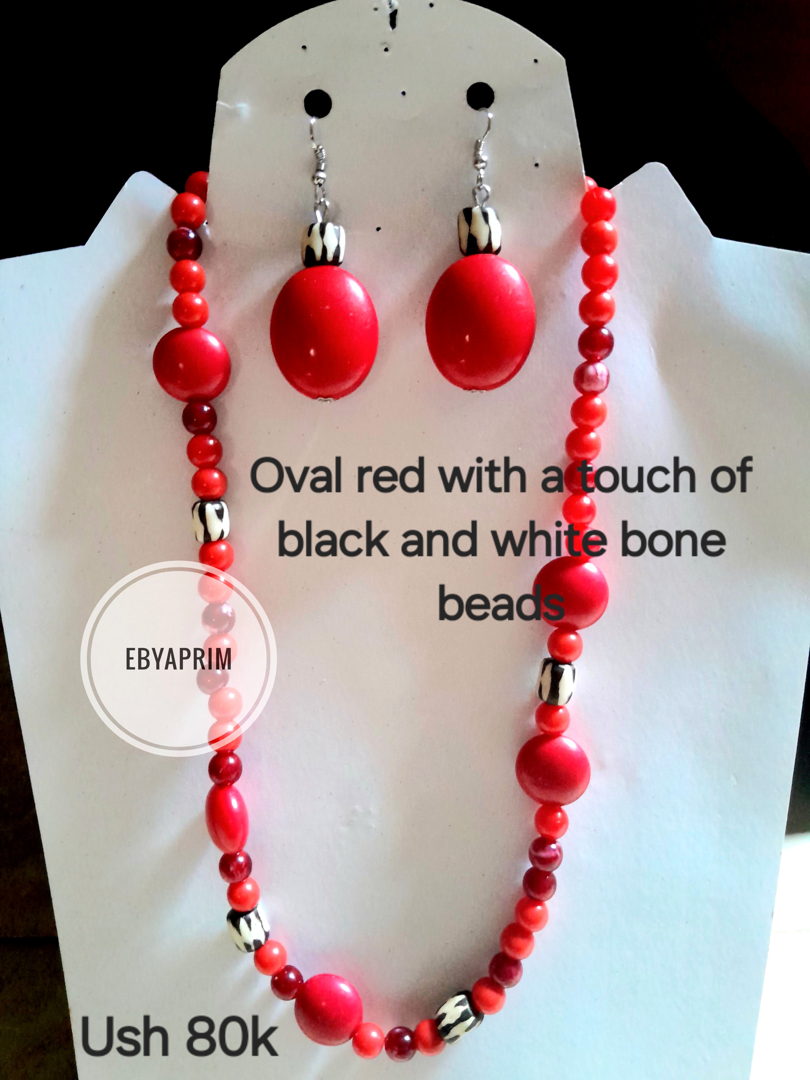 Oval red tribal bone bead set