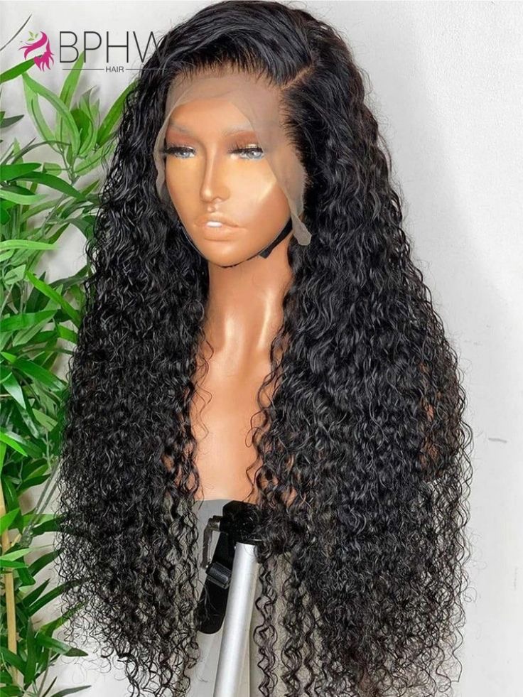 Natural black deep curls waterwave lace wig