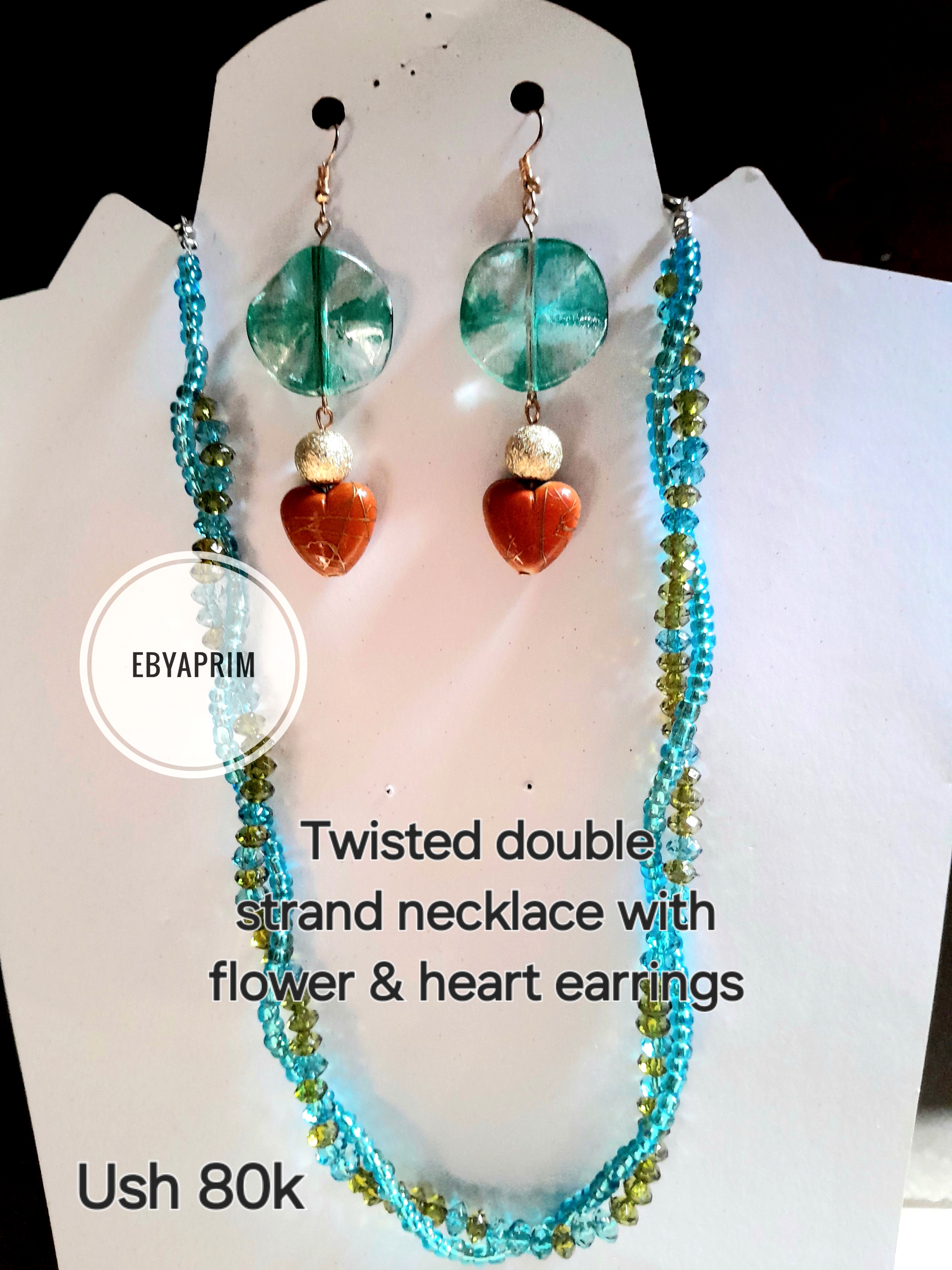 Twisted blue and green glass bead necklace with floral heart earrings 