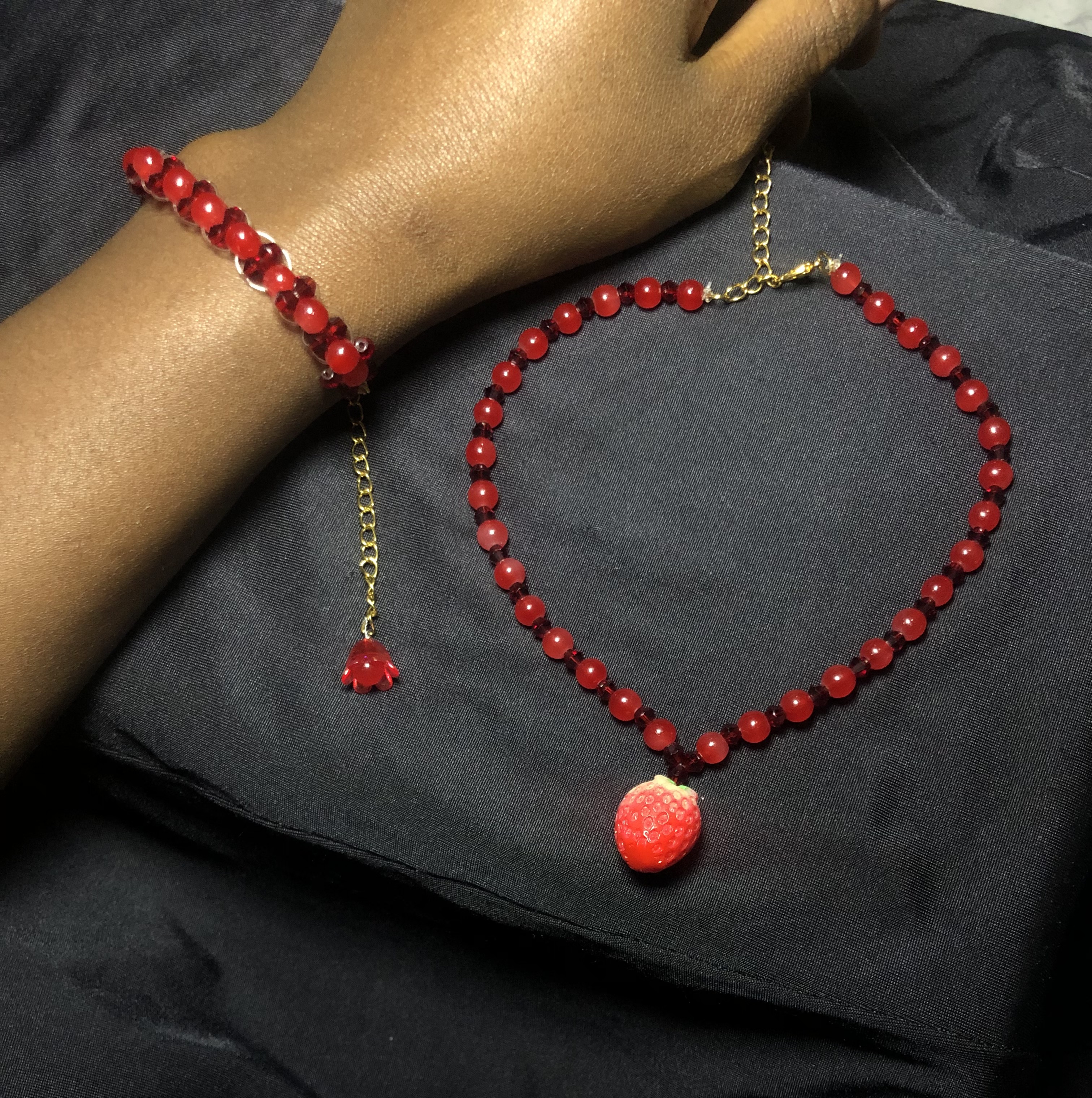 Burgundy Red Beaded Necklace and Bracelet 