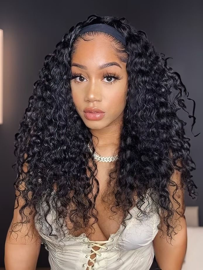 Natural black color headband deep curls glueless wig