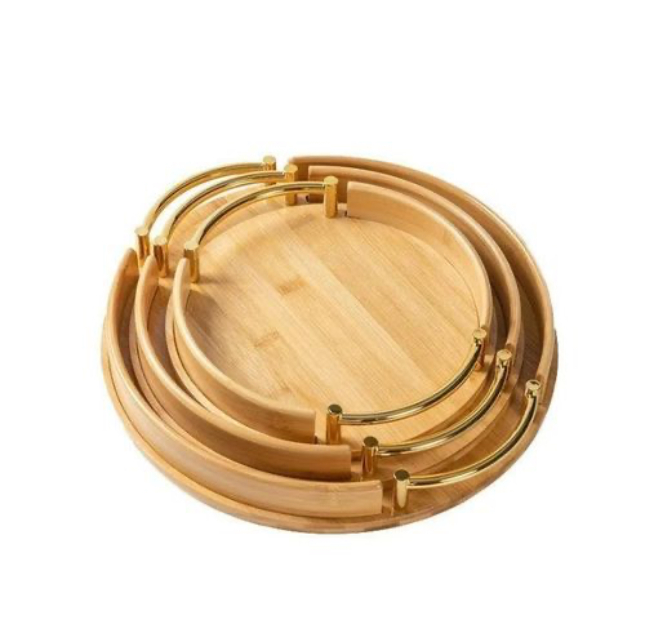 3 piece portable round serving tray with gold handles