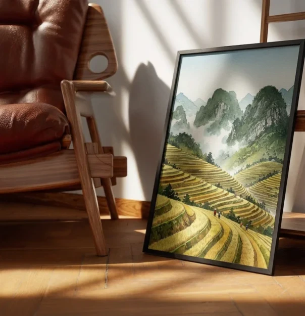 Ha Giang Golden Rice Terraces Watercolor Wall Art preview 2