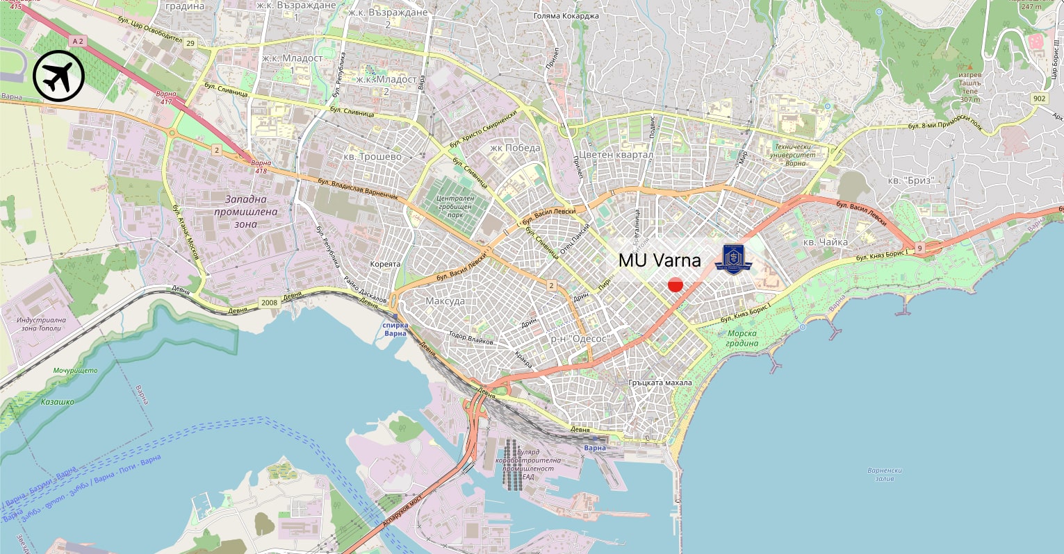 Map of Varna, MU Varna location, Varna airport location, city map