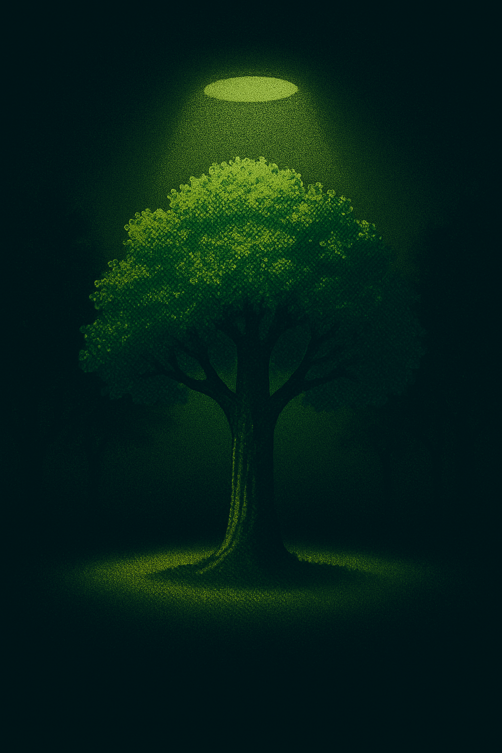 A magnifying glass focusing on a tree leaf