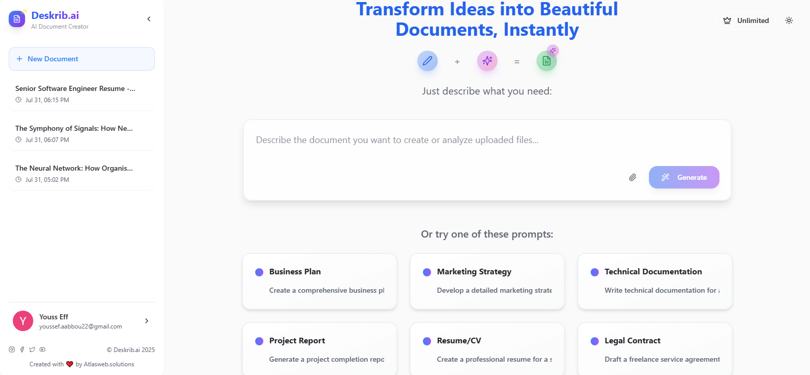 DeskribAI Writing & Translation showing content generator - Simply describe what you need, or upload your files, and let the 