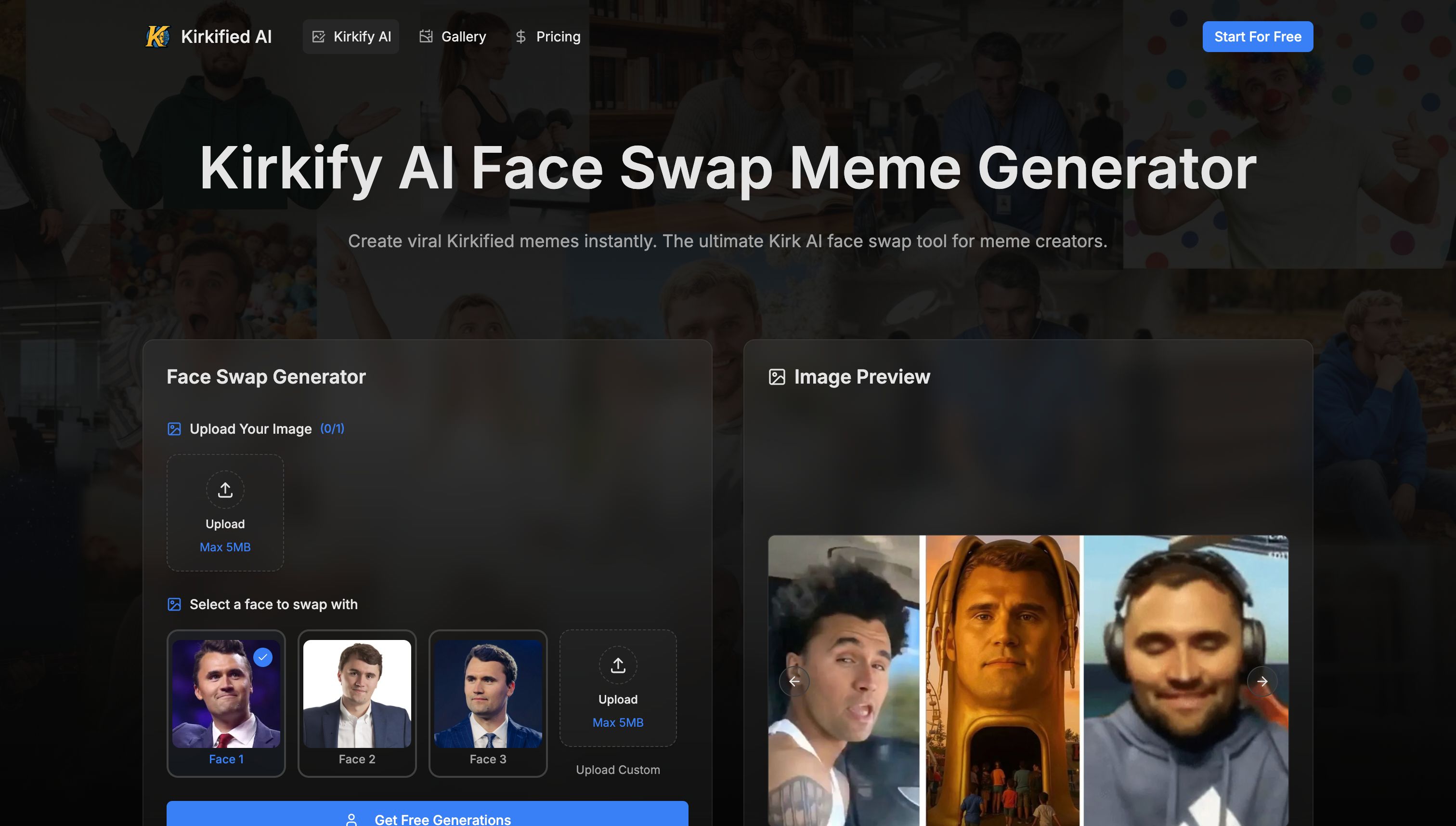 Kirkify Design showing social media - Kirkify AI is a face swap meme generator that allows users to create viral memes by swa