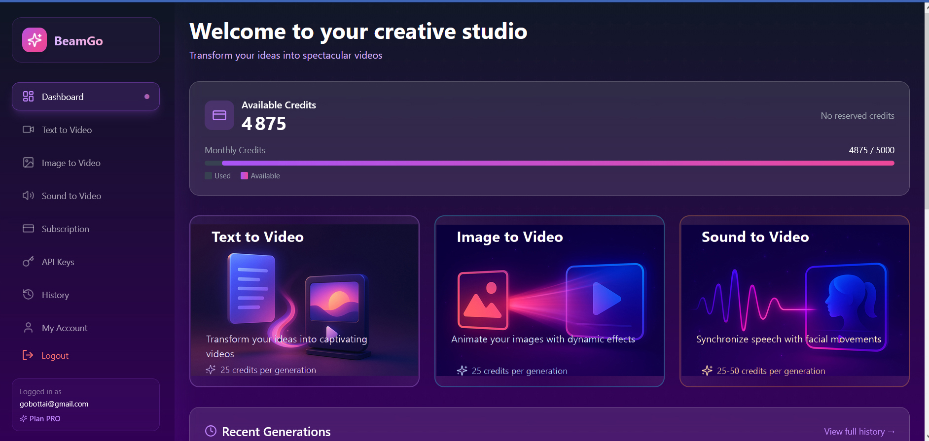 Beamgo Video Generation showing ai tools - AI video generation made simple. Text, image, or audio to video