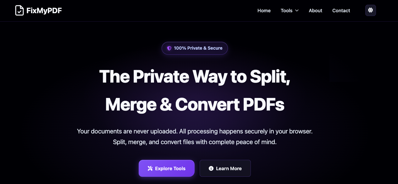 FixMyPDF Productivity & Collaboration showing pdf toolkit - Privacy-first, lightning-fast PDF toolkit—process files instantly