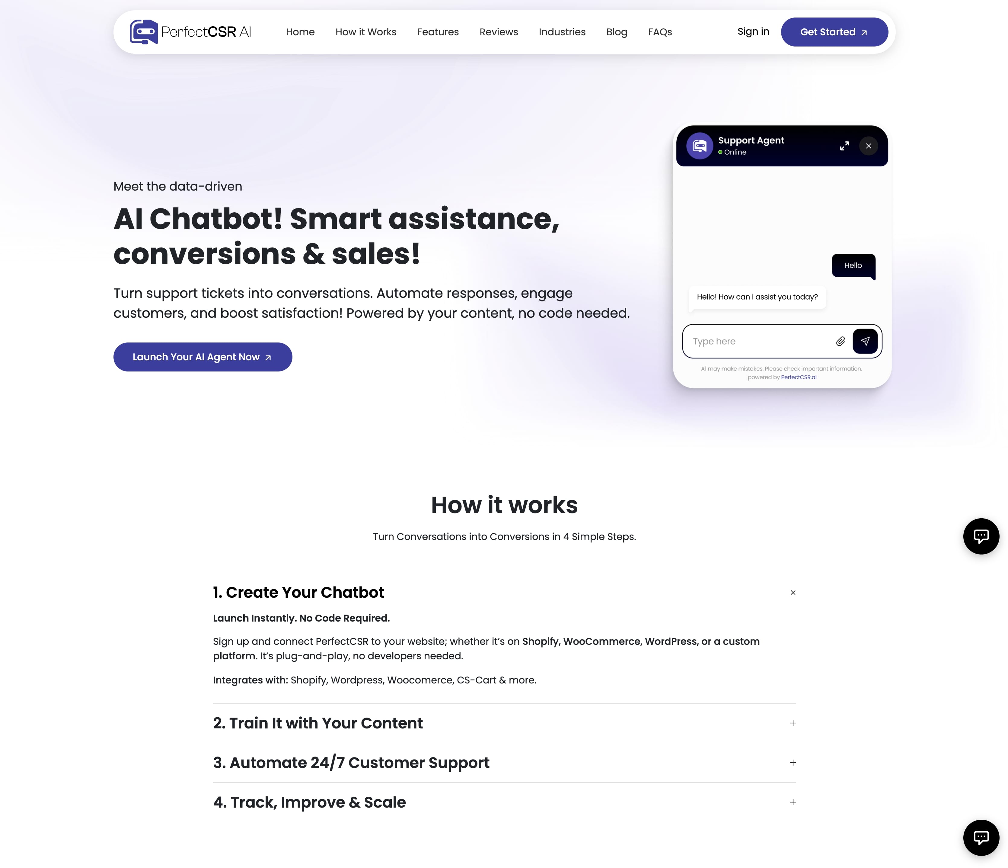 PerfectCSR Conversational AI showing ai customer support - AI Sales and Customer Service Agents
