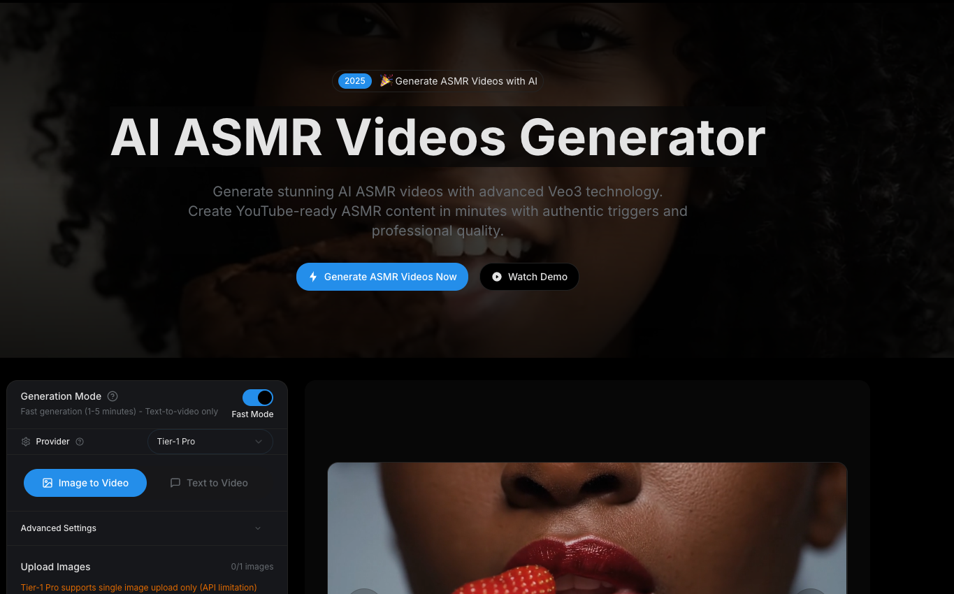 AI ASMR Videos Generator | Create Authentic ASMR Content Online Video Editing showing aiasmr - AI ASMR Videos Generator