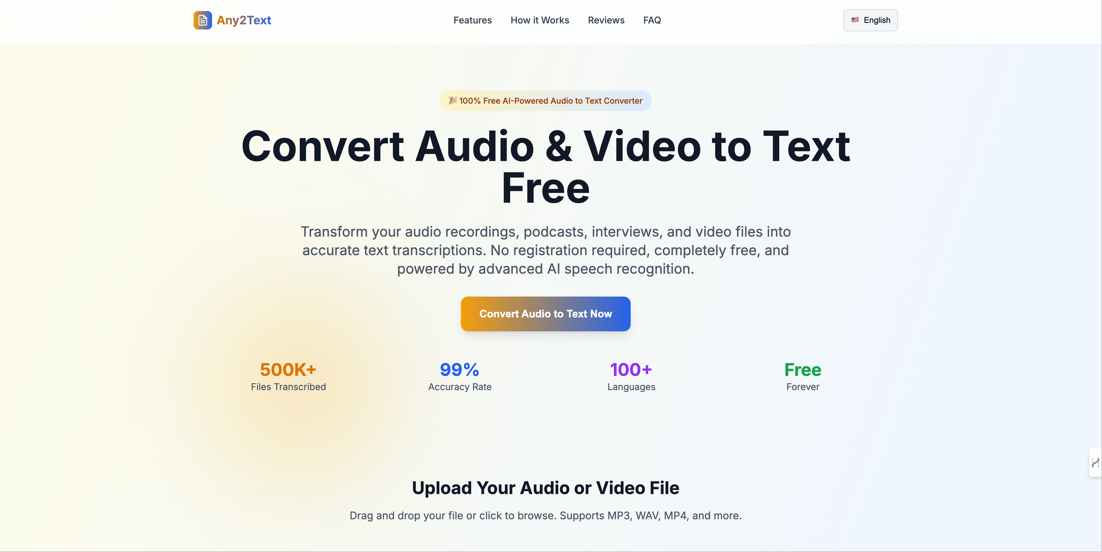 Any2Text Design showing audio - Free, fast and accurate AI audio & video to text converter supporting 100+ languages.