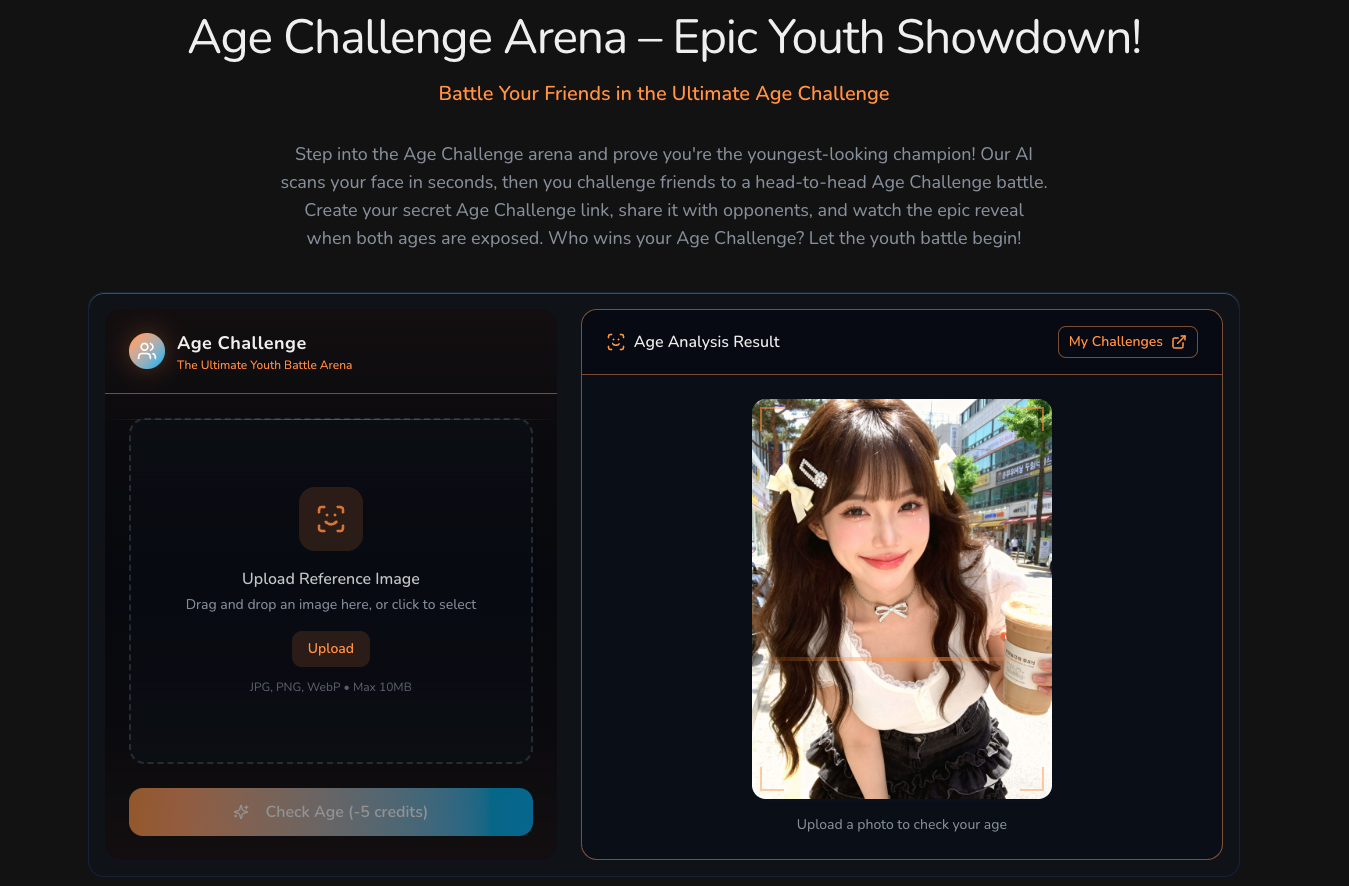 Age Challenge Arena Image Generation showing aitools - Challenge friends and family to age guessing games!
