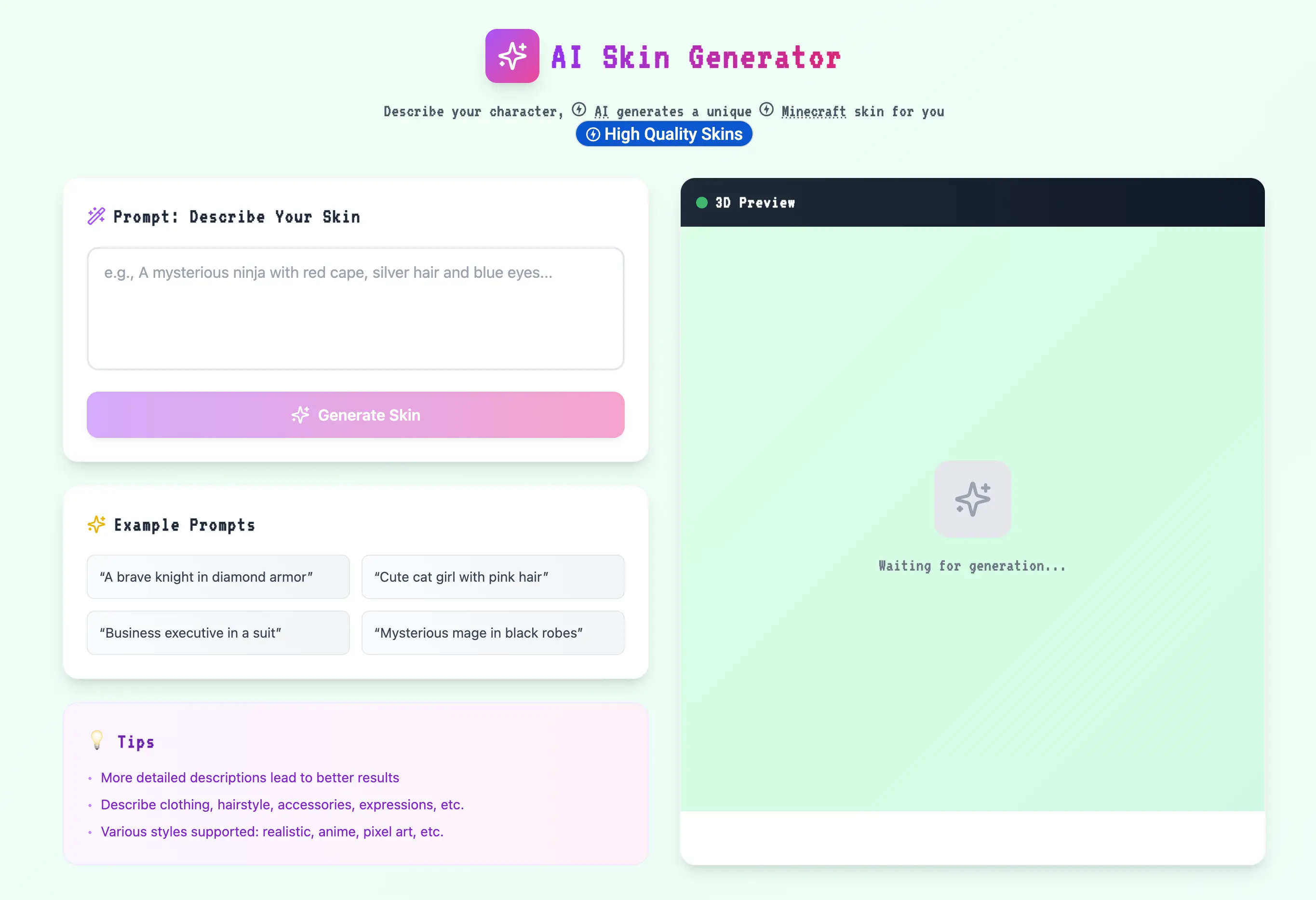 AI Minecraft Skin Generator Image Generation interface showing Image Generation and features
