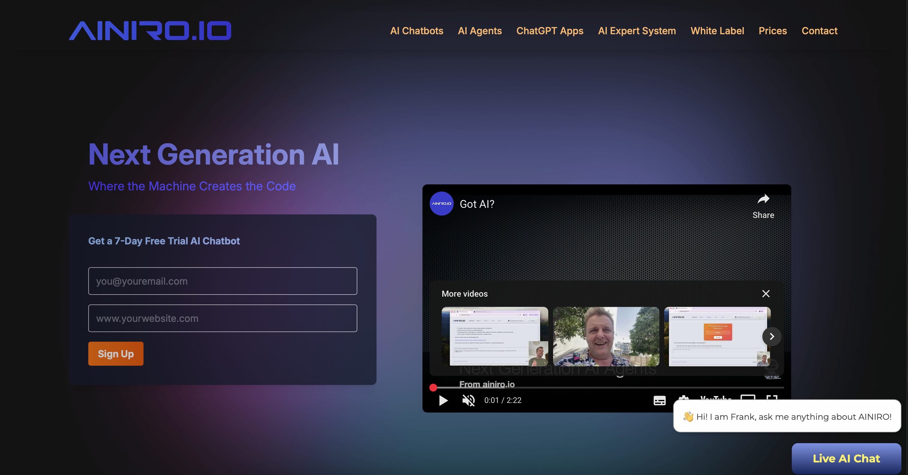 AINIRO Next Generation AI Solution Conversational AI showing ai - Where the Machine Creates the Code